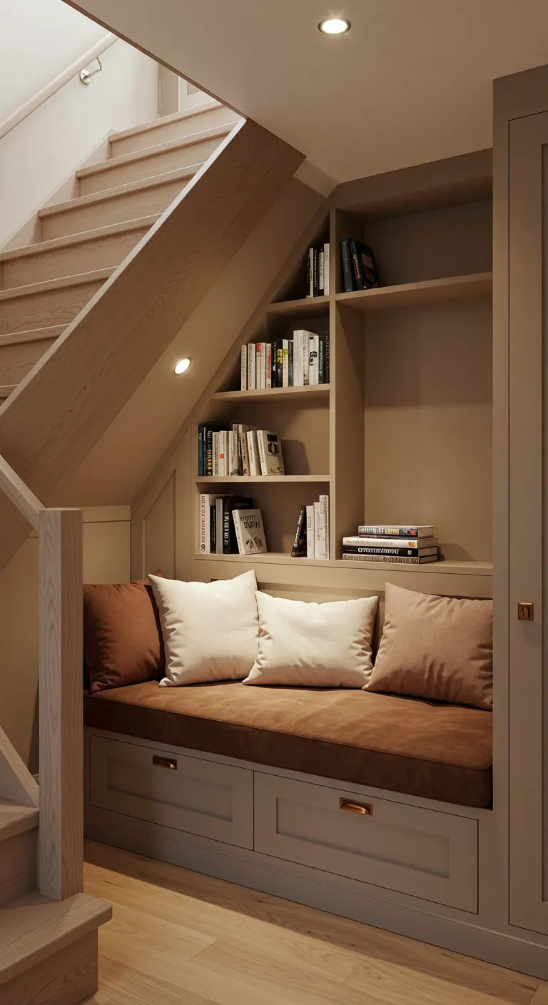 Rincón de lectura bajo una escalera con estanterías, cojines y cajones de almacenaje.