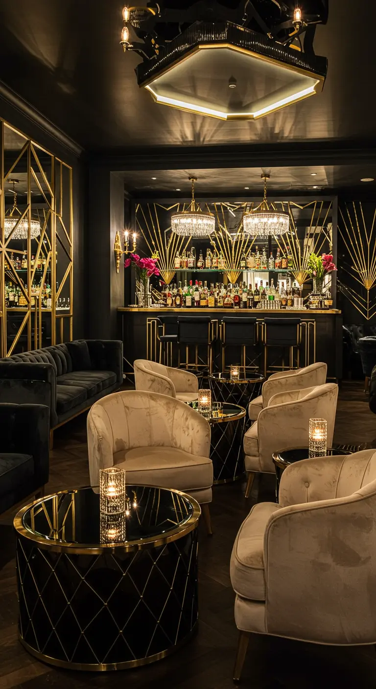 Bar de estilo Art Déco con espejos geométricos, detalles dorados y sillones de terciopelo.