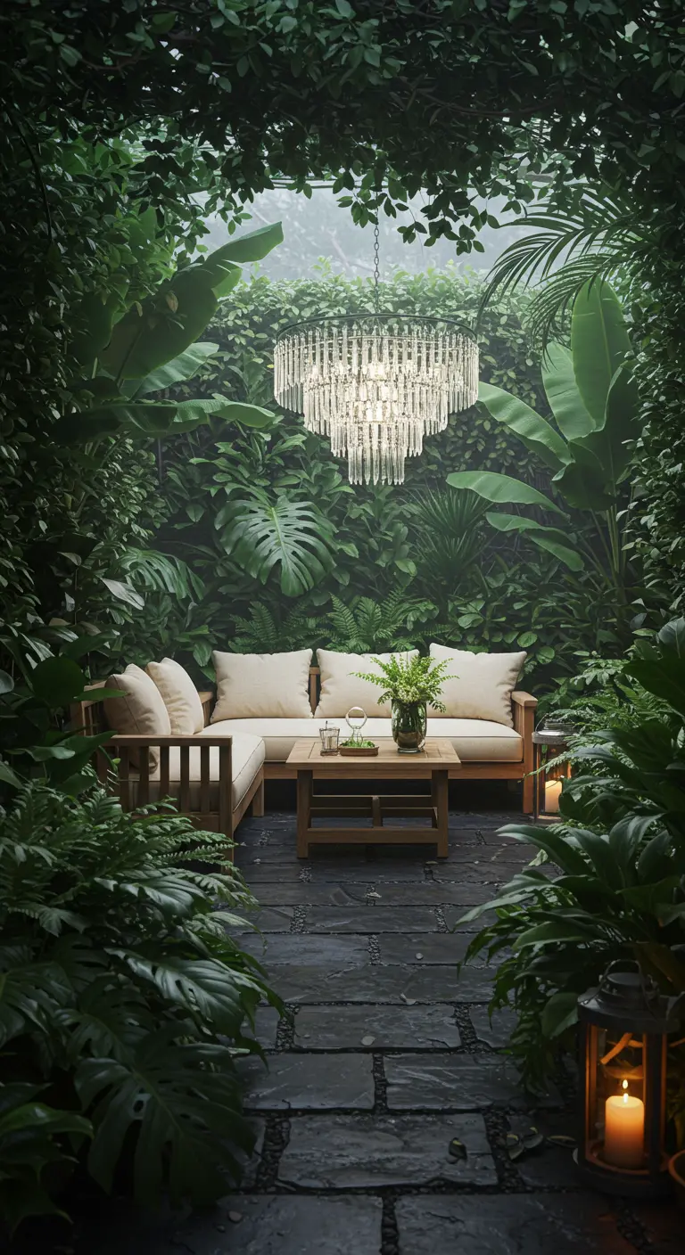 Patio íntimo rodeado de vegetación exuberante con una lámpara de araña de cristal en cascada.