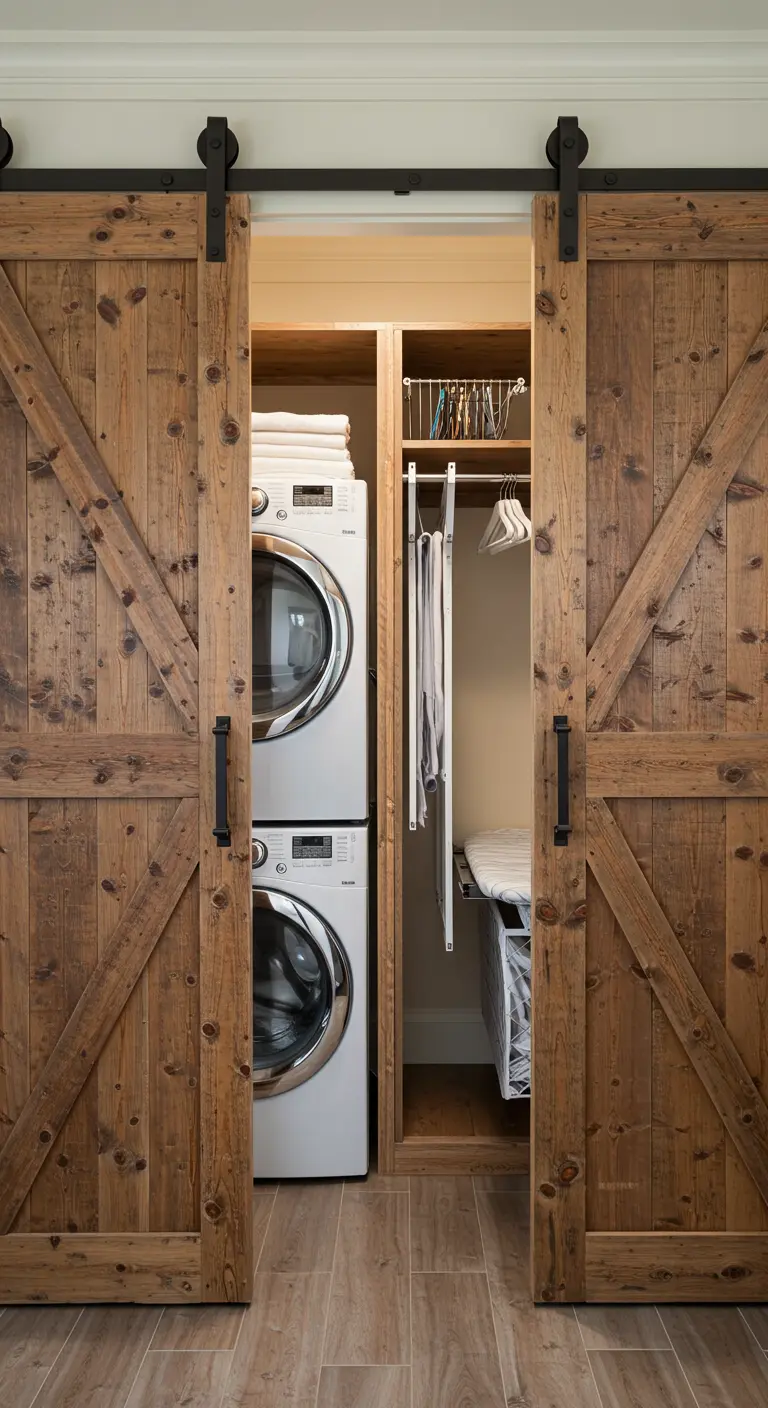 Armario de lavandería oculto tras unas puertas correderas de madera de granero.