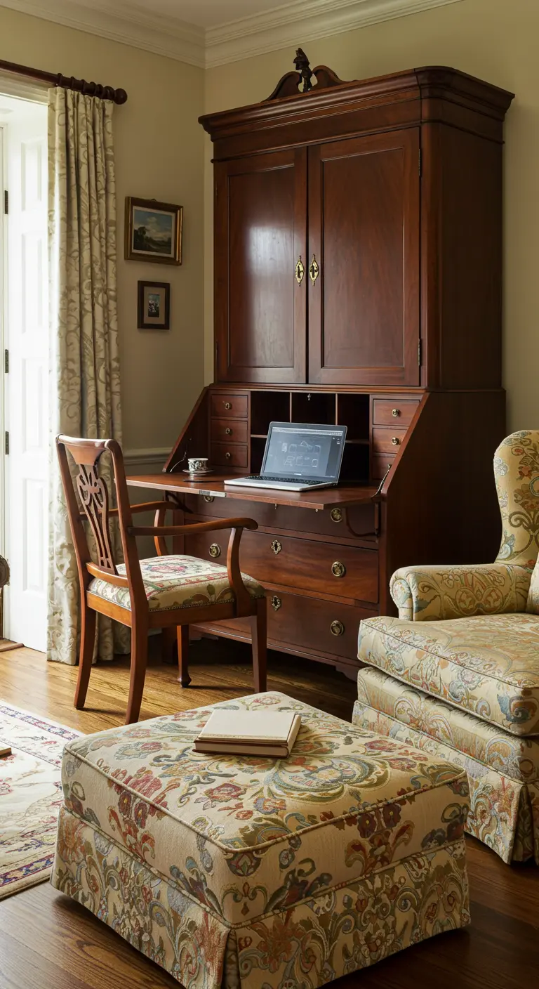 Escritorio de secretario de caoba dentro de un armario antiguo, con un sillón floral al lado.