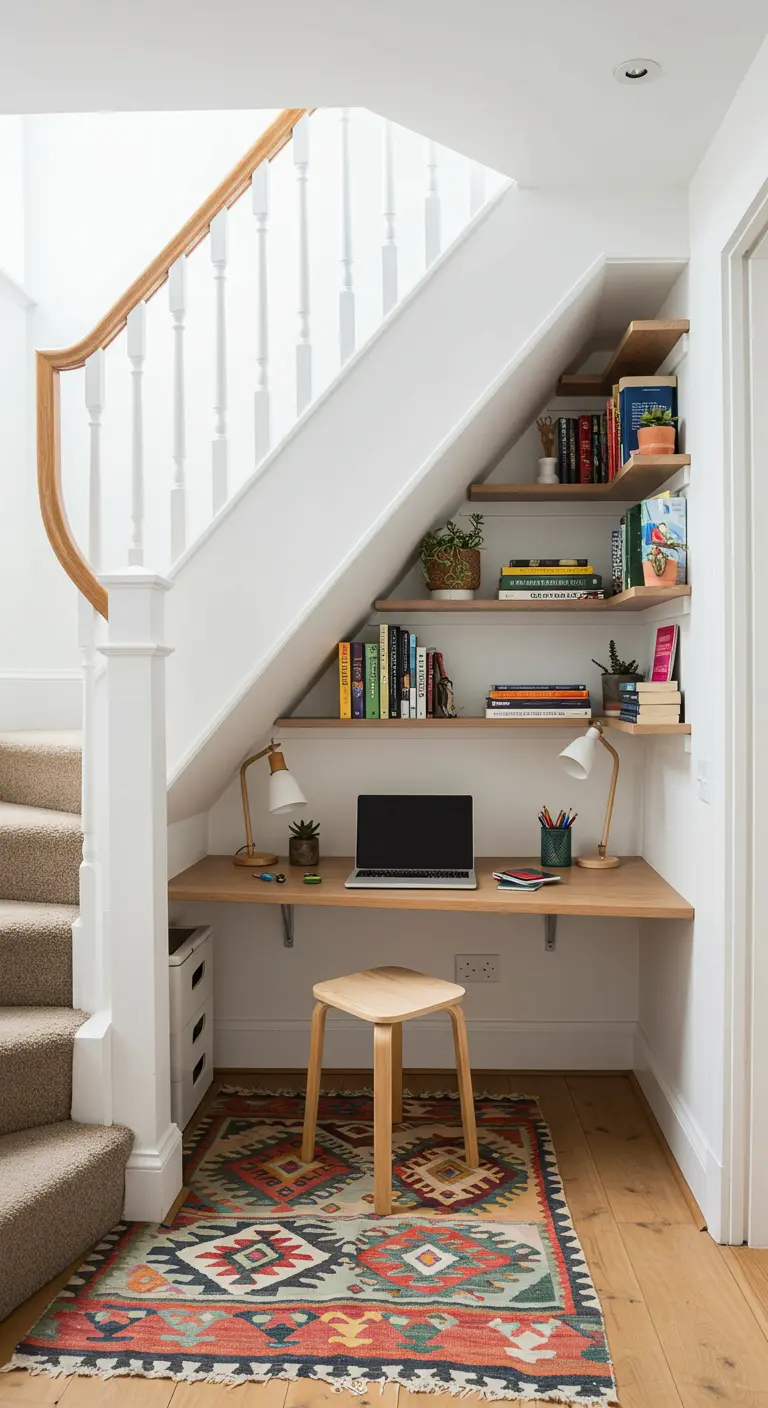 Pequeña oficina en casa instalada de forma inteligente en el hueco debajo de una escalera.