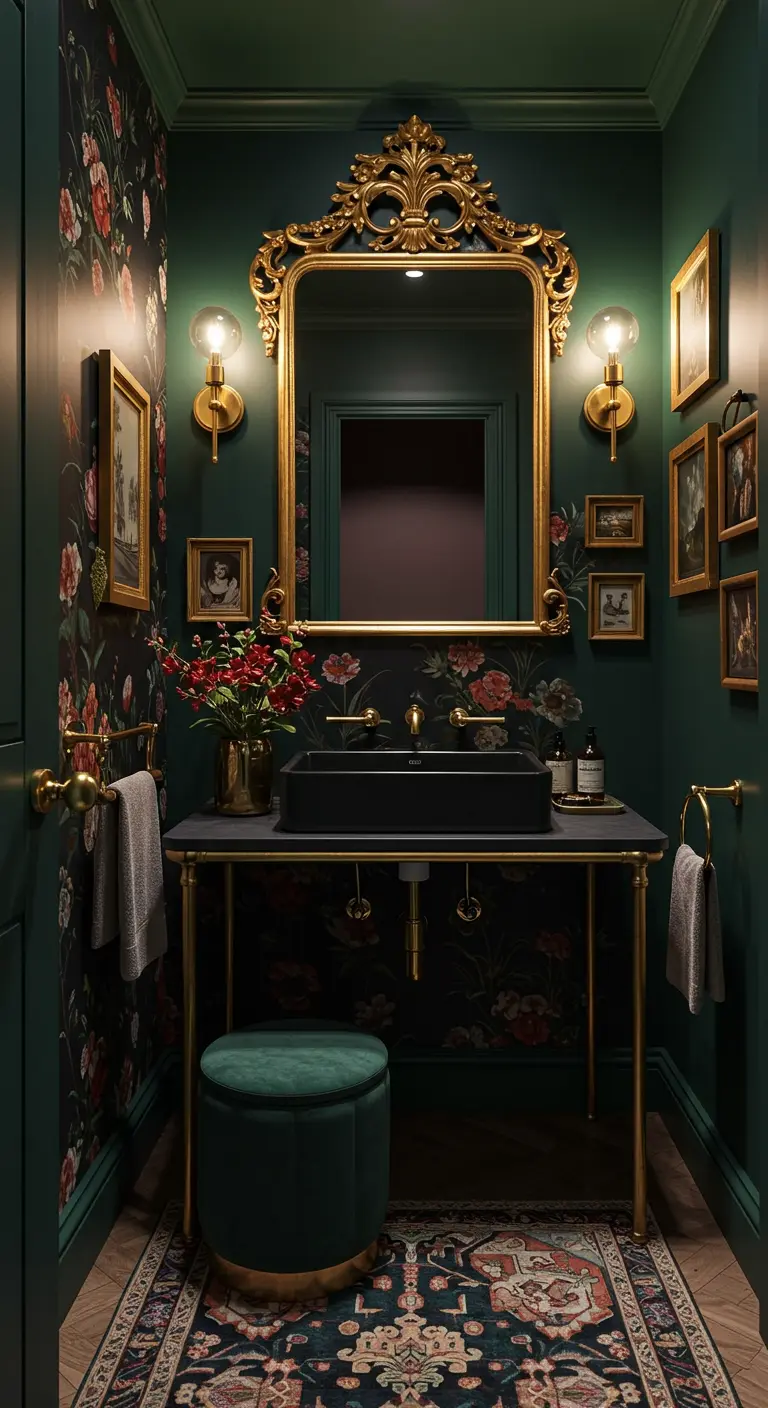 Baño pequeño y elegante con paredes verde oscuro, papel floral y detalles dorados