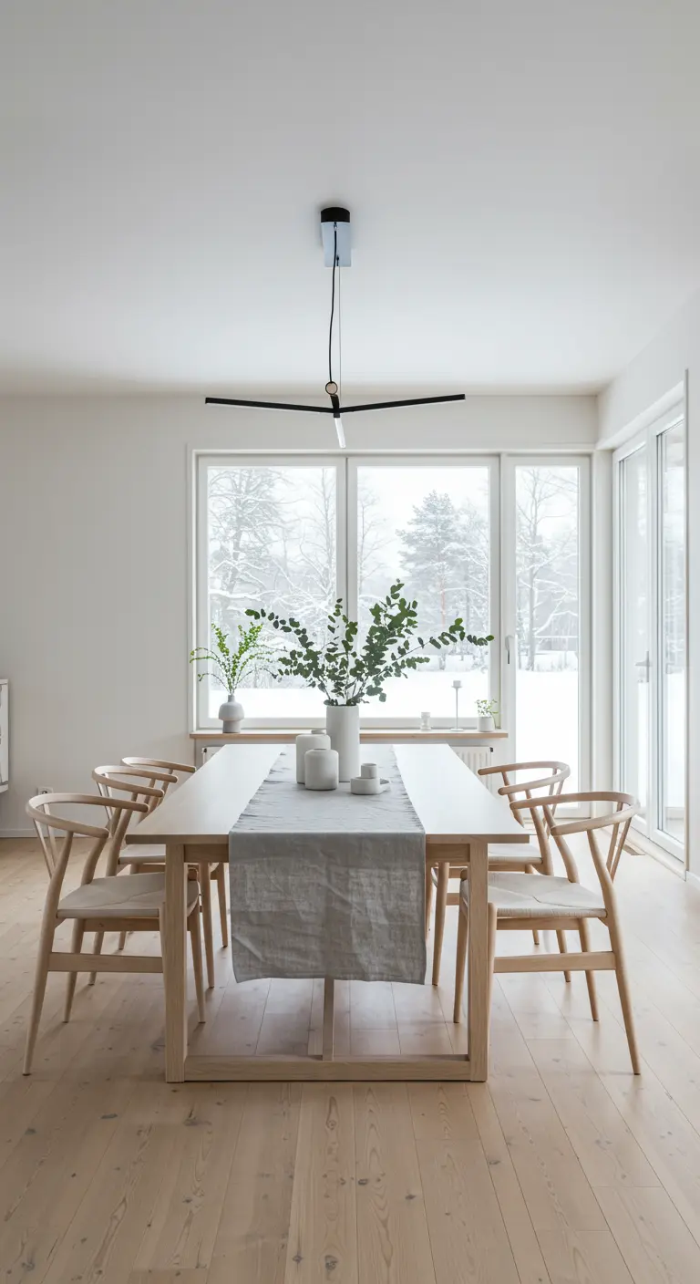 Comedor escandinavo minimalista con mesa de madera clara, camino de lino y candelabro lineal.