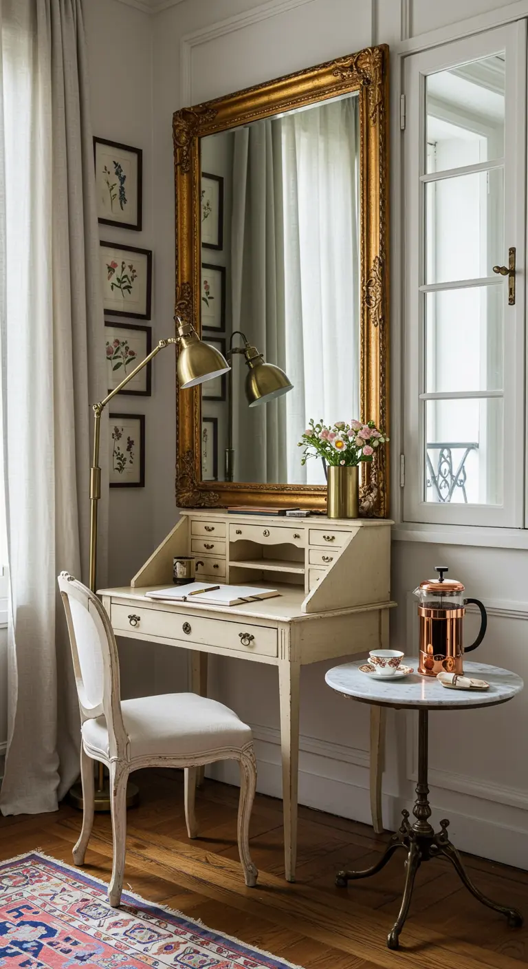 Rincón de trabajo parisino con escritorio blanco, espejo dorado y lámpara de latón.