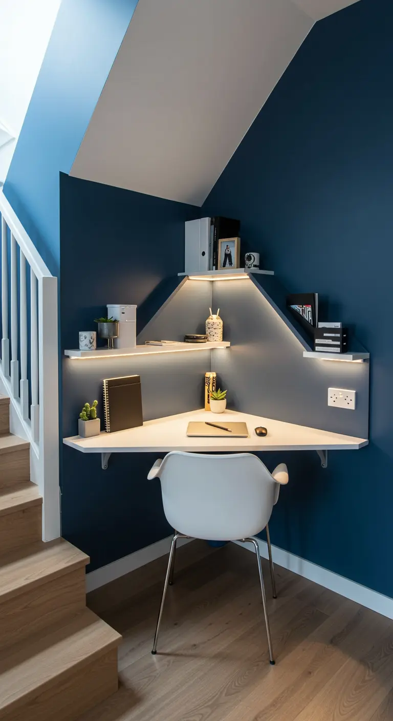 Oficina compacta bajo una escalera con paredes azules, escritorio esquinero y luces LED integradas.