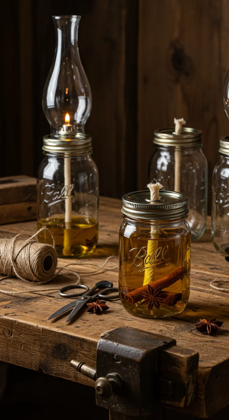 Lámparas de aceite DIY en frascos Mason con canela y anís, sobre una mesa de madera rústica.