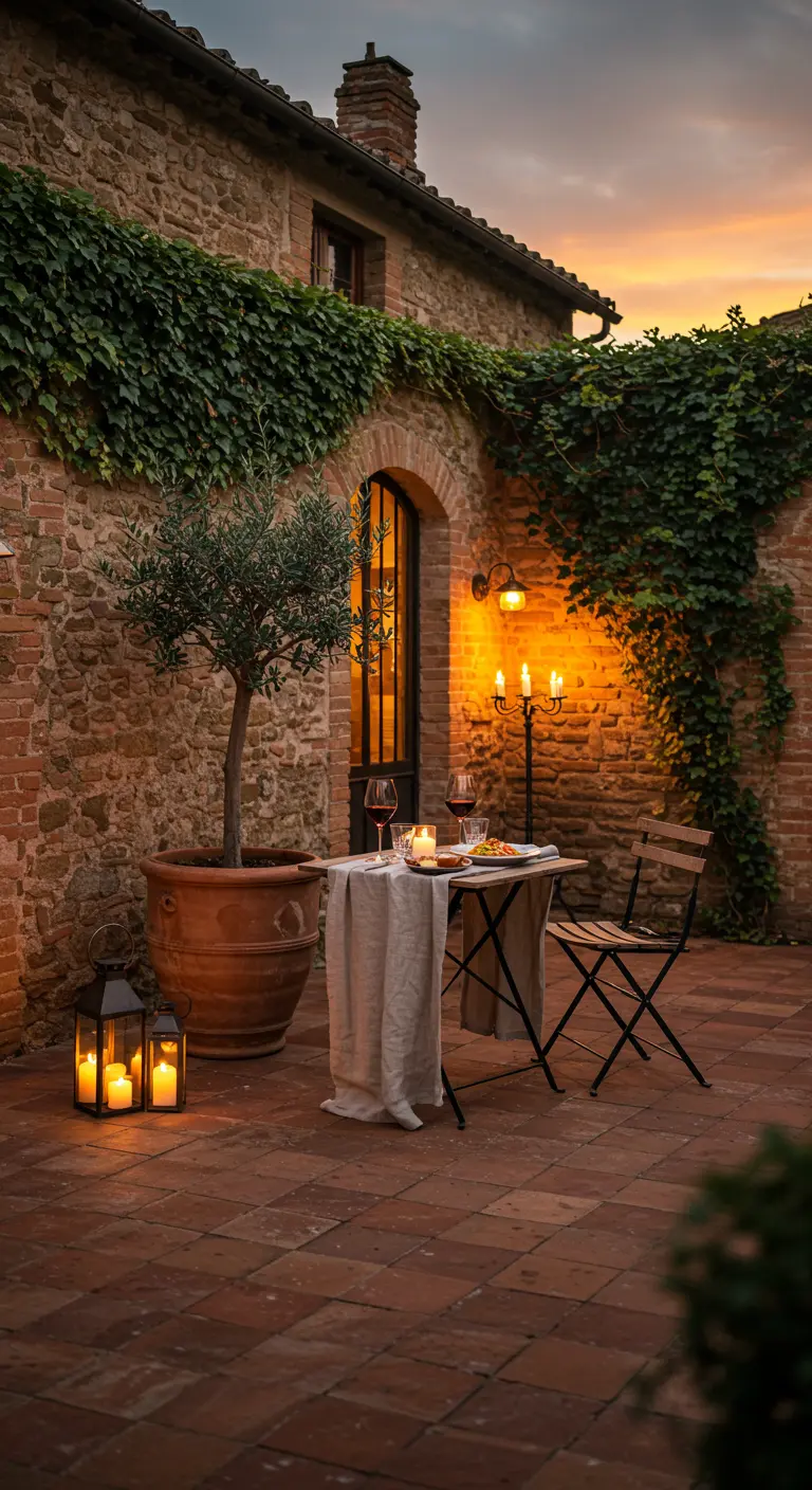 Cena íntima en un patio rústico de piedra con una mesa pequeña, velas y un olivo en maceta.