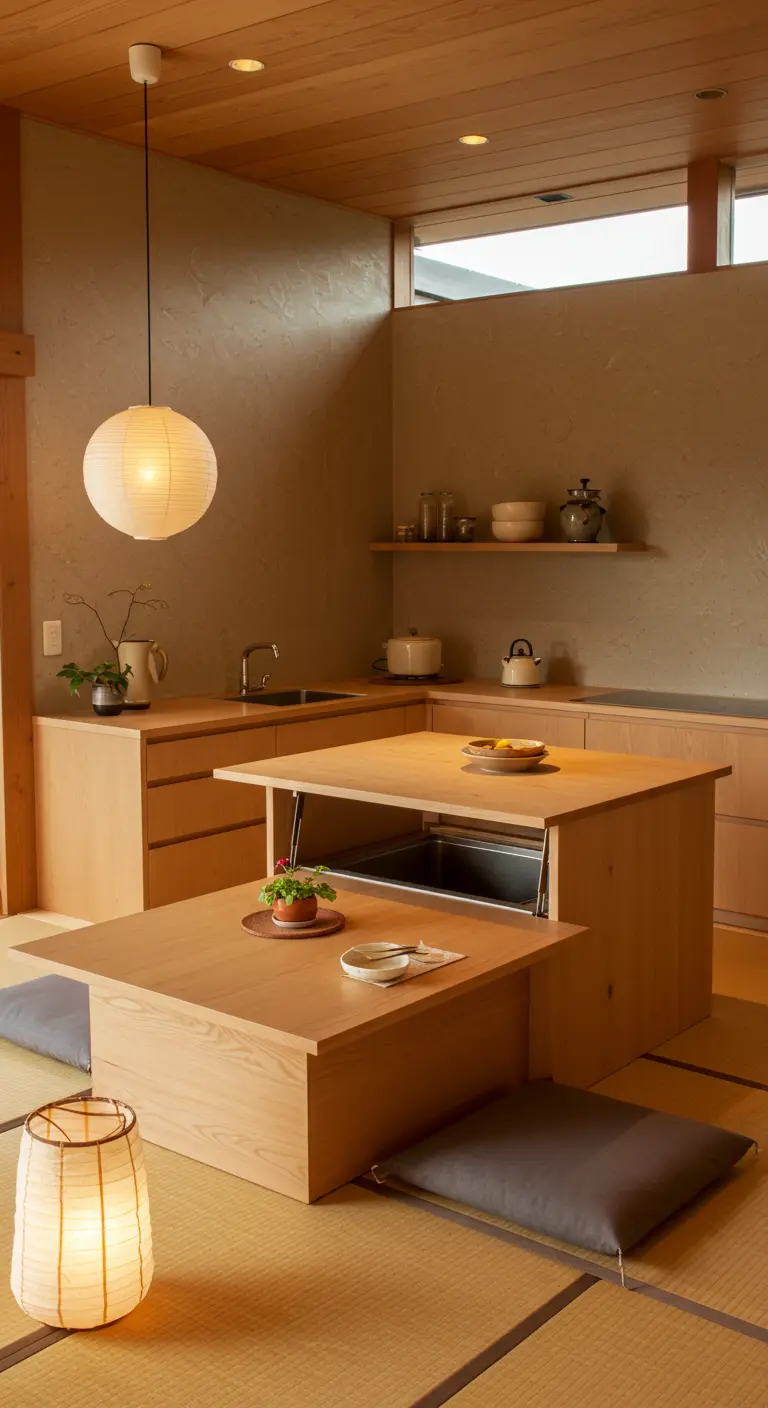 Mesa de centro japonesa de madera clara con un mecanismo elevable que revela un compartimento.