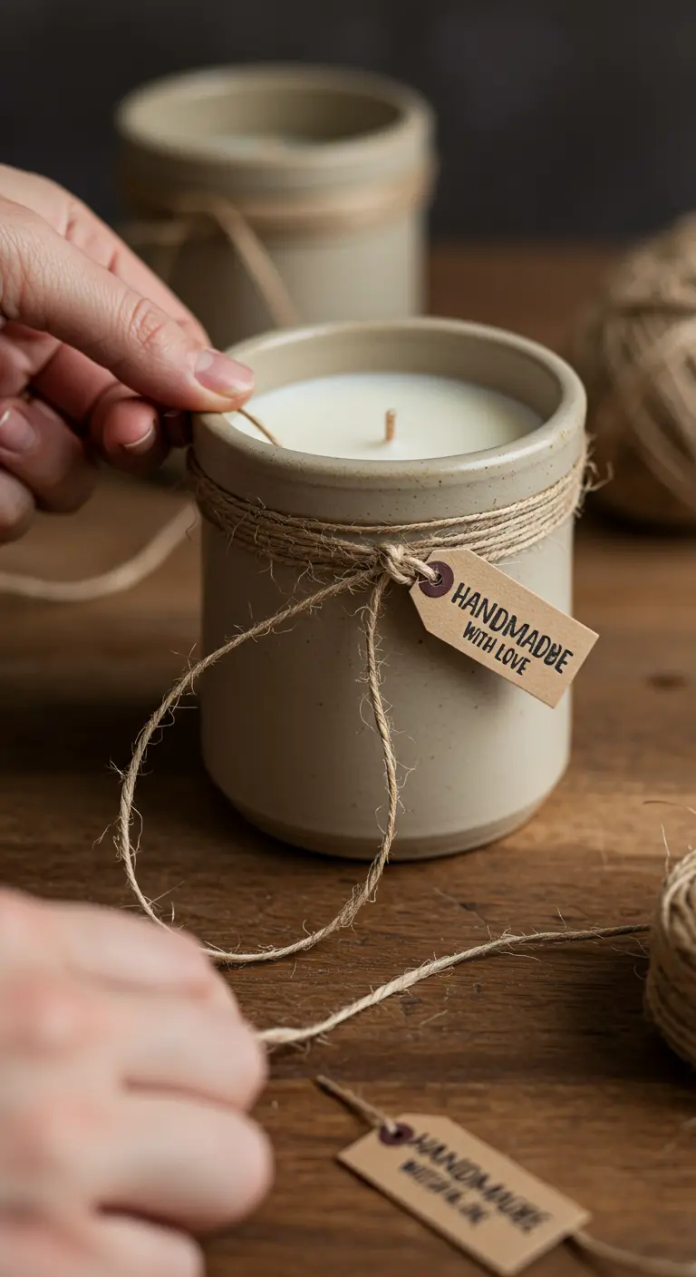 Manos atando una cuerda de yute con una etiqueta 'Handmade with love' a una vela en taza de cerámica
