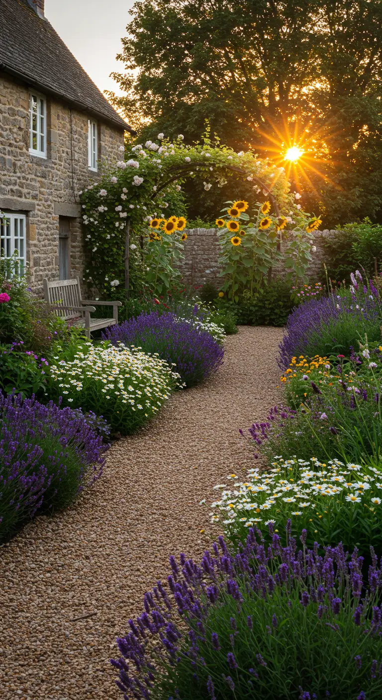 Sendero de grava en jardín rústico flanqueado por lavanda, margaritas y girasoles al atardecer.
