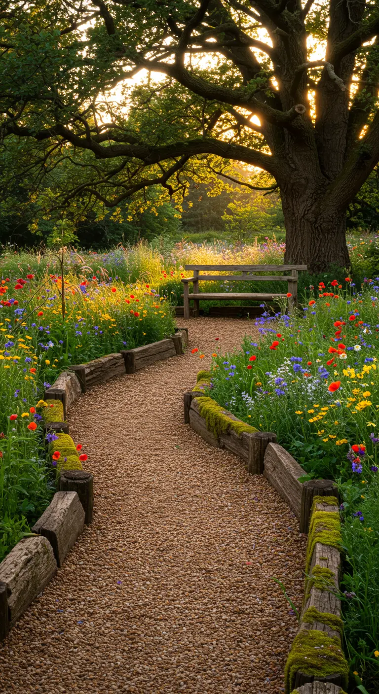 Sendero de grava bordeado con troncos de madera rústicos y flores silvestres de colores vivos