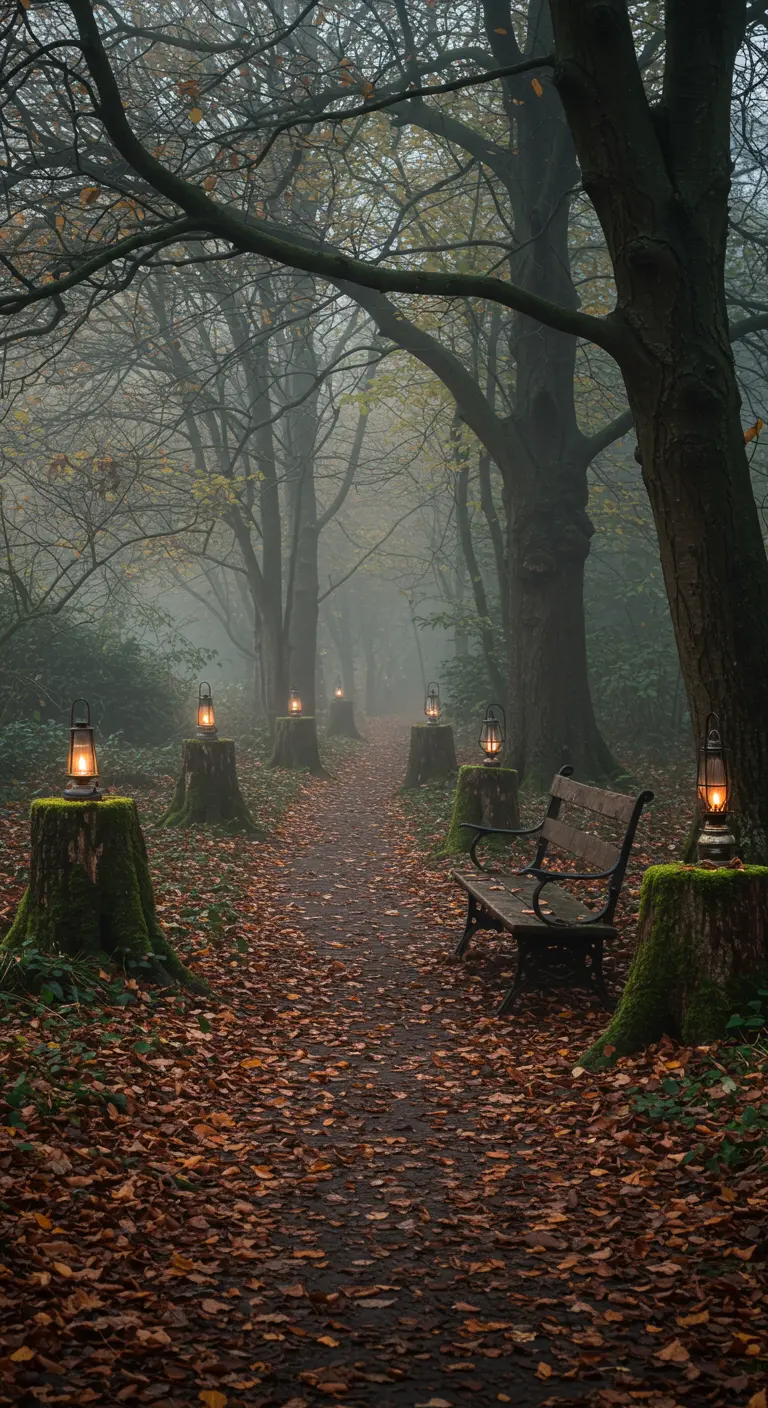 Camino en un bosque otoñal flanqueado por lámparas de aceite sobre tocones de árbol cubiertos de musgo