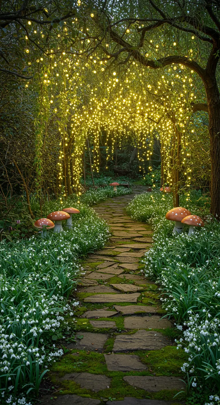 Camino en un jardín con un arco de árboles cubierto por miles de luces de hadas y flores blancas.