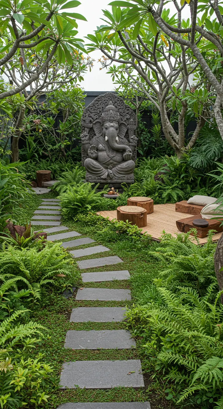 Jardín con sendero de piedra, estatua de Ganesha y vegetación exuberante.