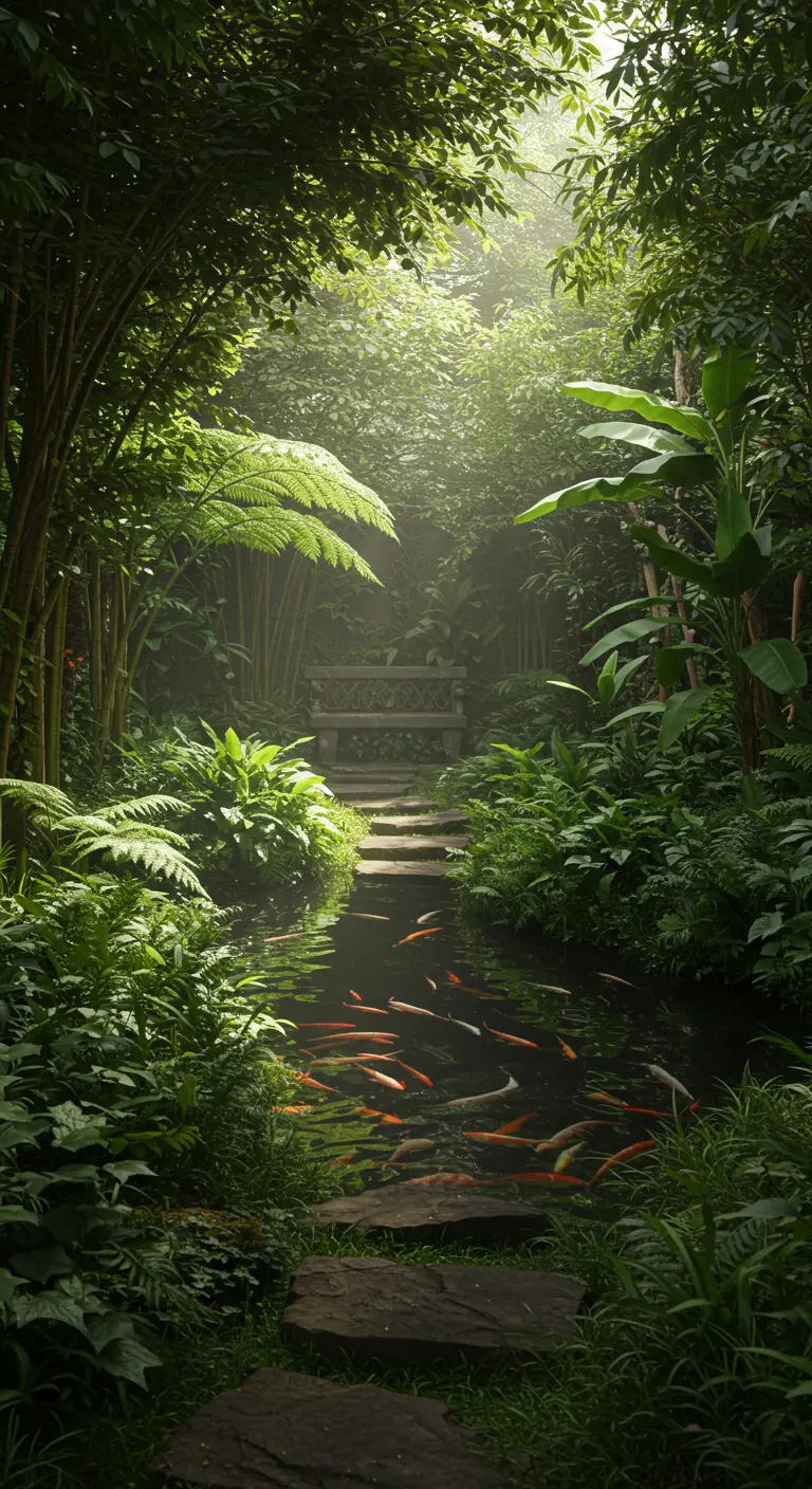 Sendero de piedra junto a un arroyo con peces koi en un jardín selvático y frondoso.