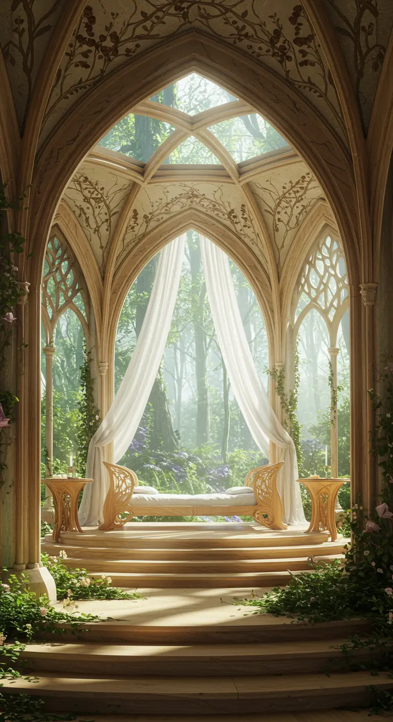 Dormitorio élfico en un pabellón con arcos de madera, rodeado de un bosque frondoso.