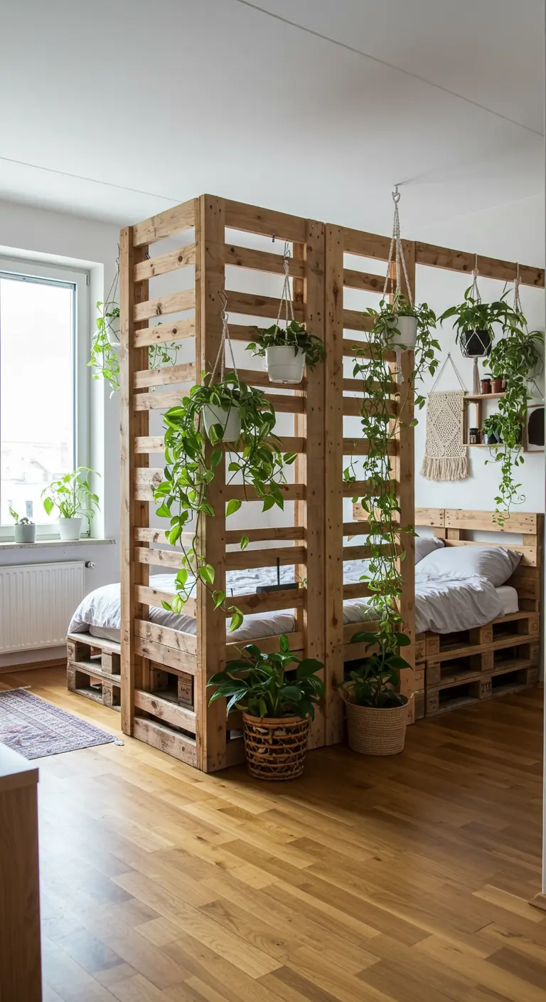Palets colocados en vertical para crear un separador de ambientes entre la cama y el resto del espacio.
