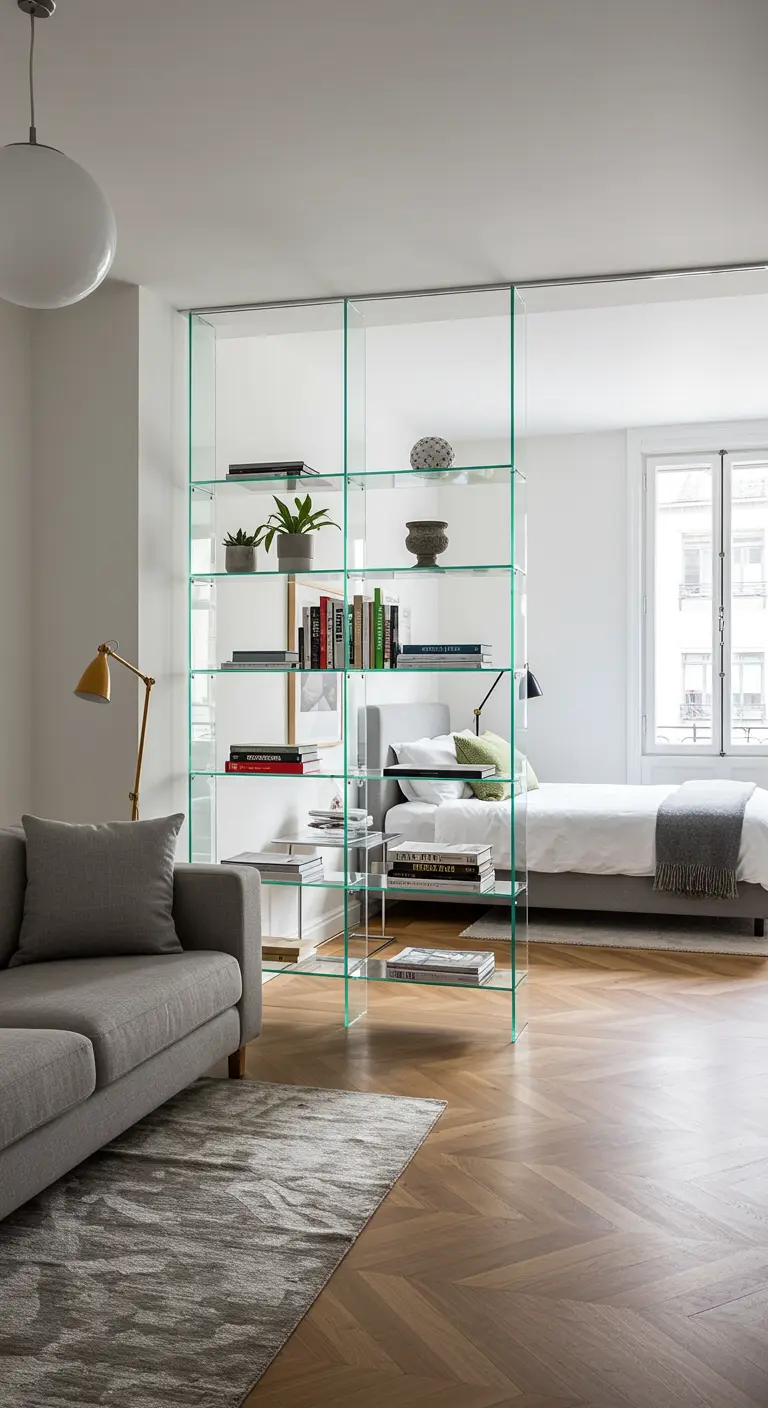 Estantería de cristal que separa un dormitorio de una sala de estar en un apartamento tipo estudio