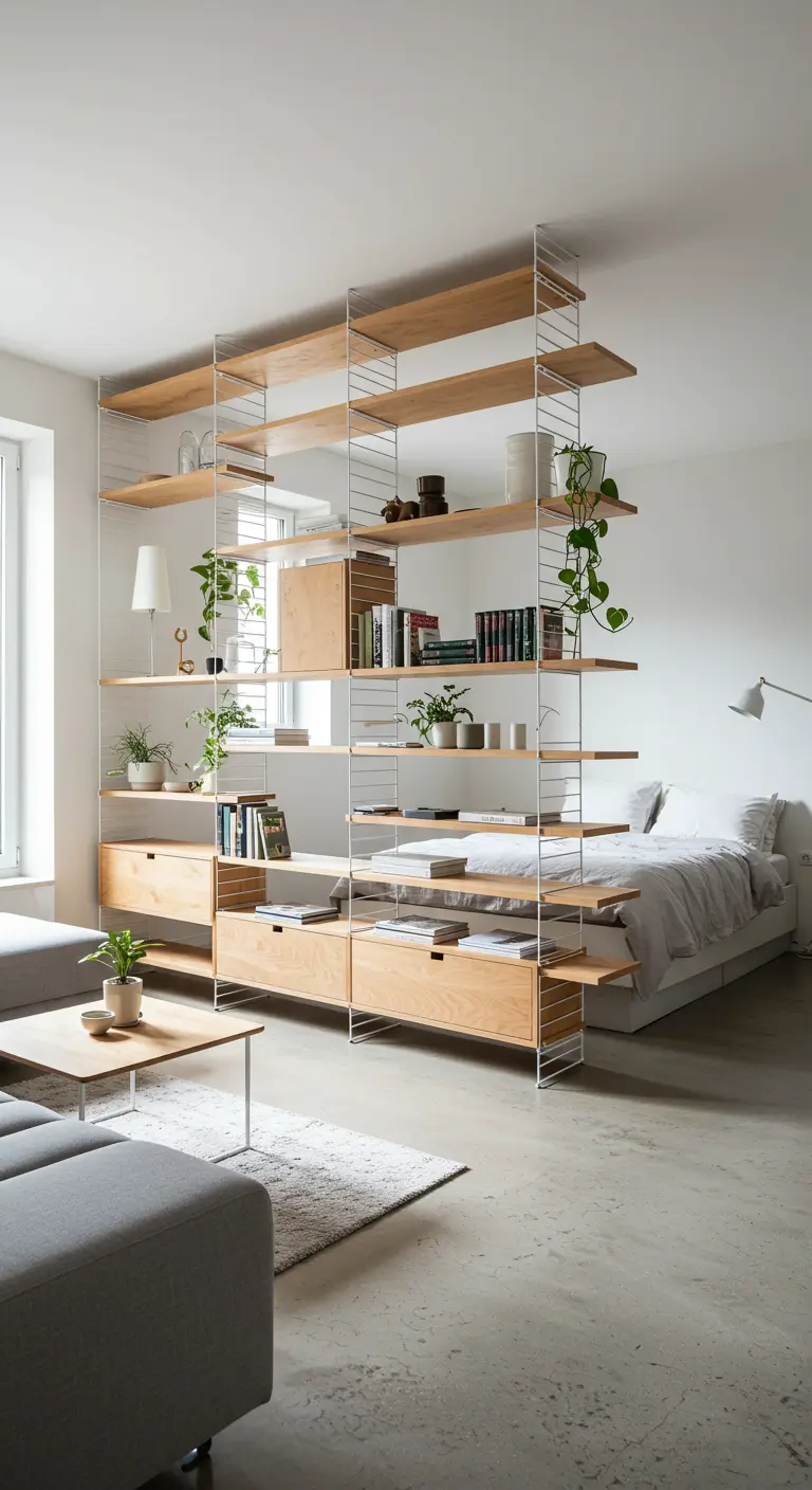 Estantería modular de madera clara y metal blanco que divide una sala de estar y un dormitorio.