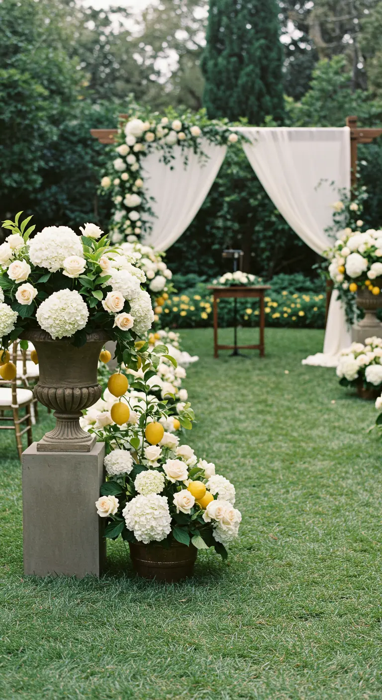 Arco de ceremonia nupcial con flores blancas y limones amarillos como acentos.