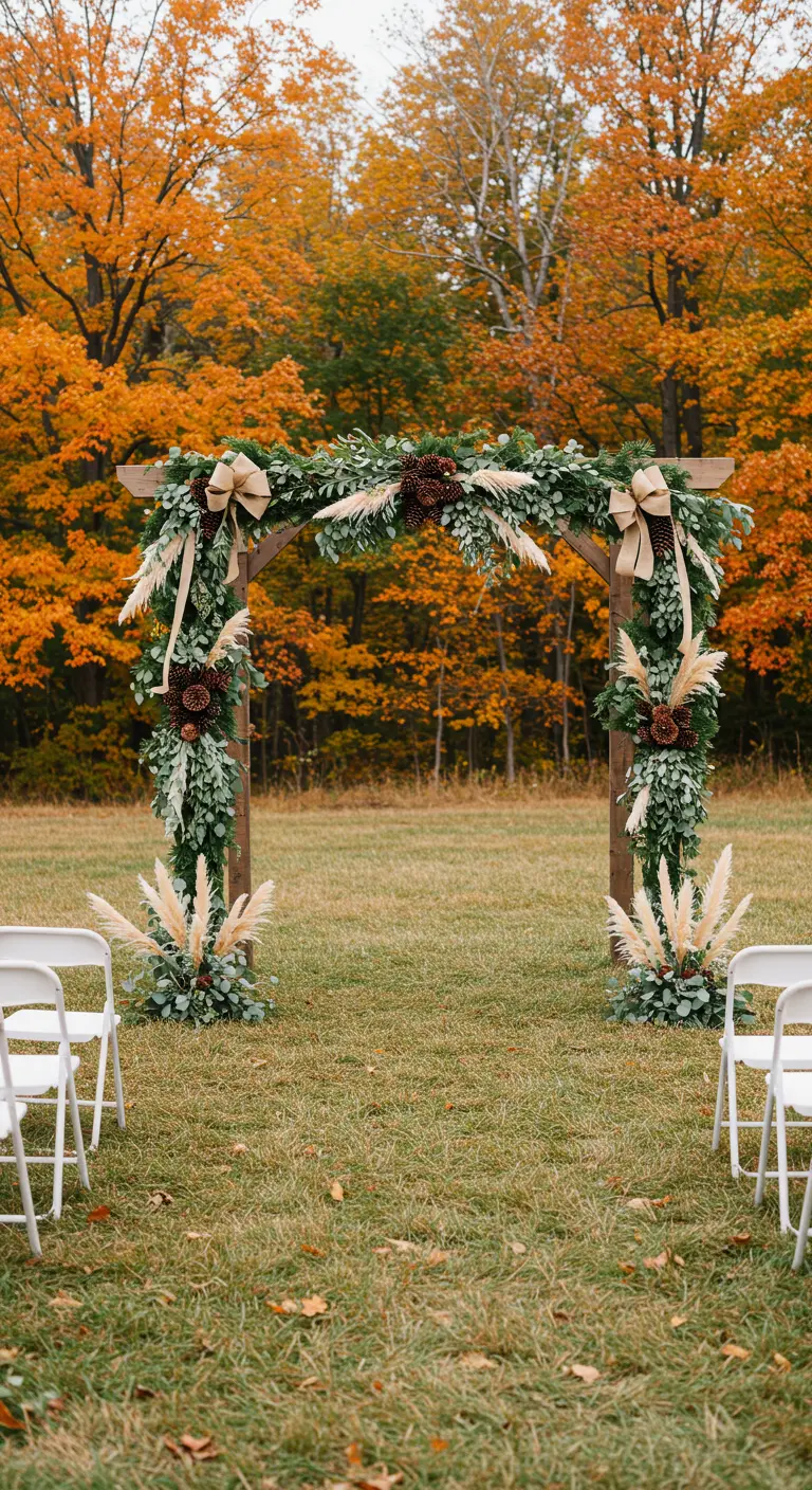 Arco de boda de madera decorado con vegetación, piñas grandes y lazos de yute.