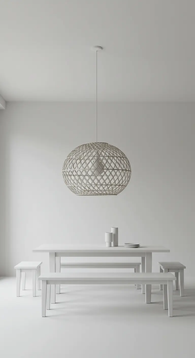 Comedor minimalista completamente blanco con una lámpara esférica de fibra.