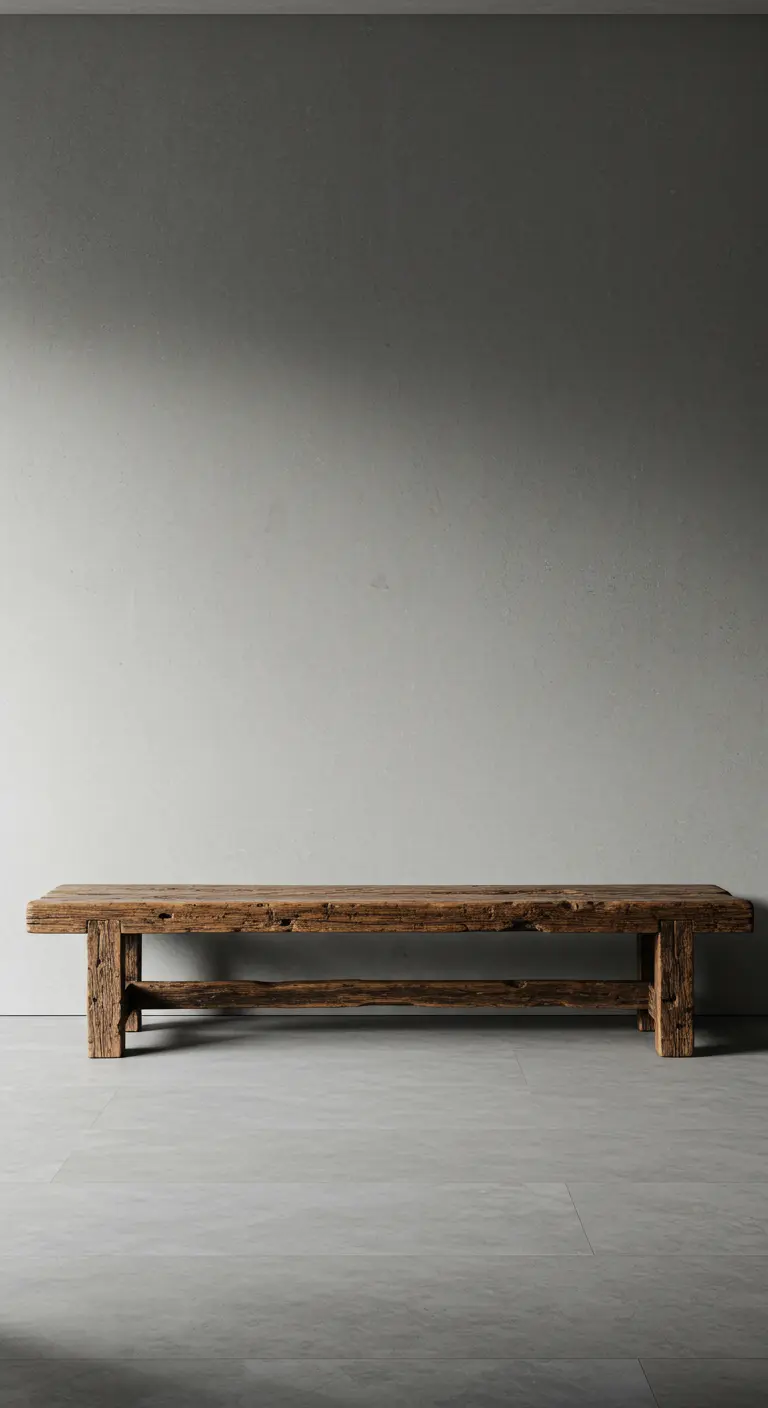 Un simple banco de madera rústica y envejecida contra una pared gris lisa y minimalista.