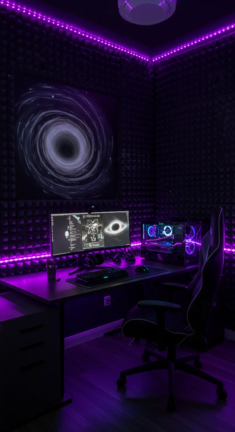 Estudio de gaming con paredes cubiertas de paneles acústicos negros e iluminación violeta.