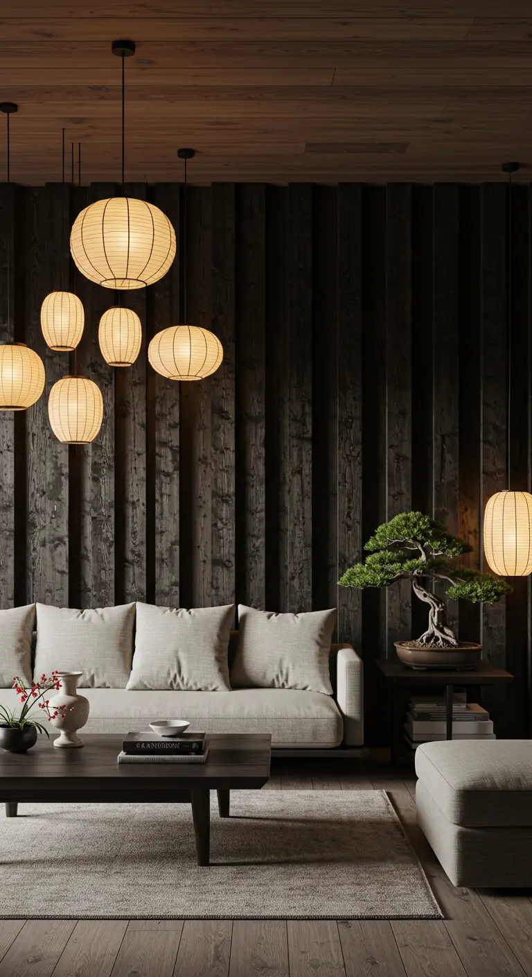 Sala de estilo Japandi con pared de madera oscura, sofá claro y lámparas de papel.