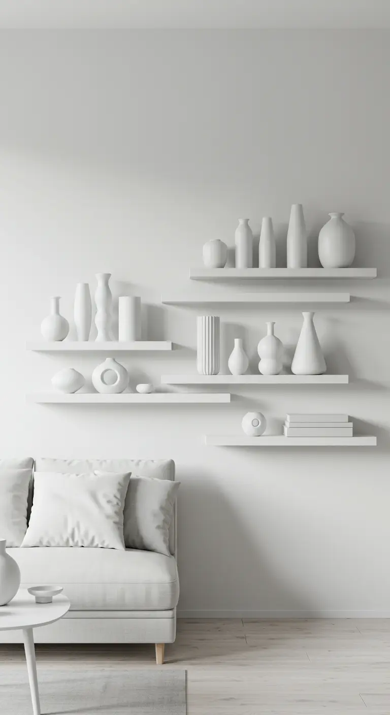 Estanterías blancas asimétricas sobre una pared blanca con jarrones blancos, creando un look monocromático.