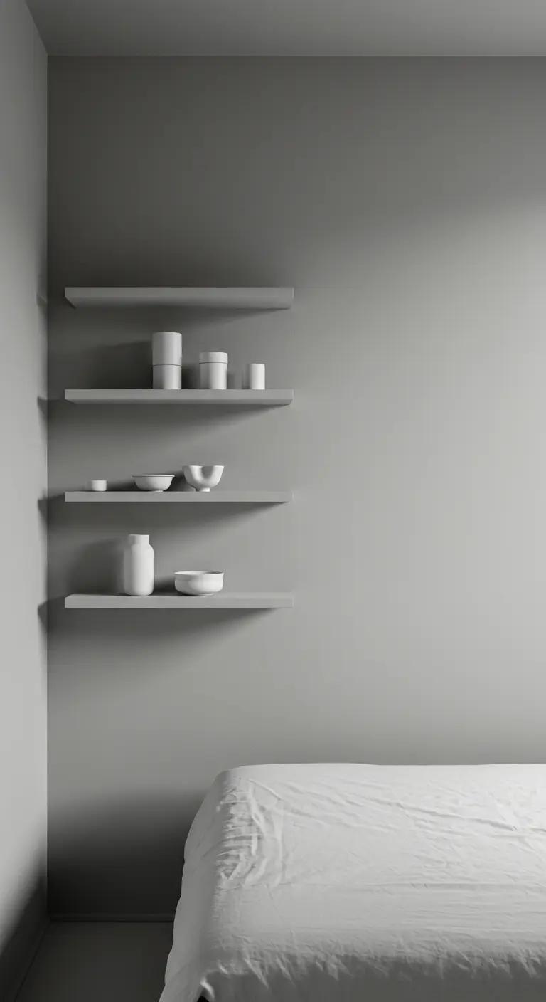 Estanterías flotantes grises en una pared gris, decoradas con cerámica blanca y gris minimalista.