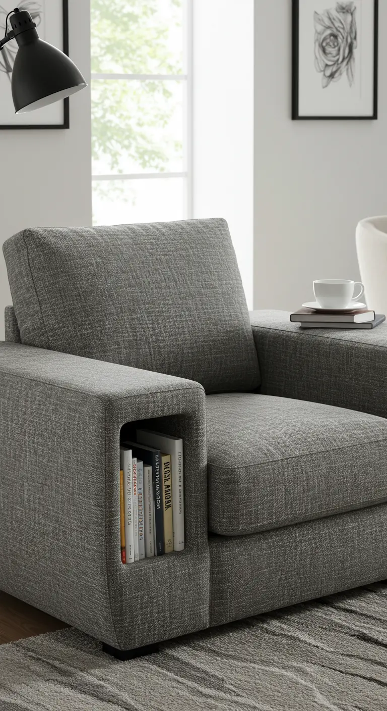 Sillón de tela gris con un reposabrazos hueco que sirve como estantería para varios libros.