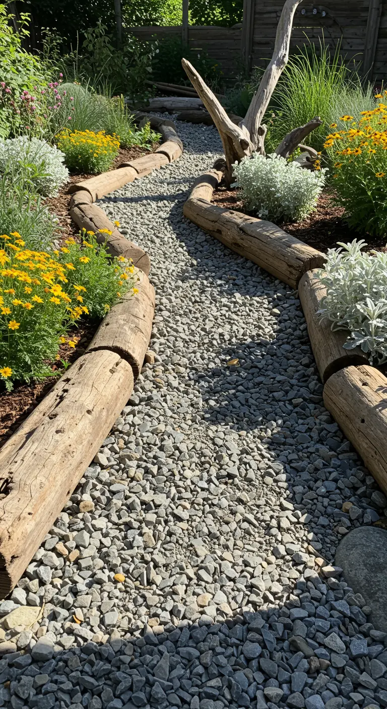 Camino de grava gris con curvas sinuosas, bordeado por troncos de madera y flores amarillas