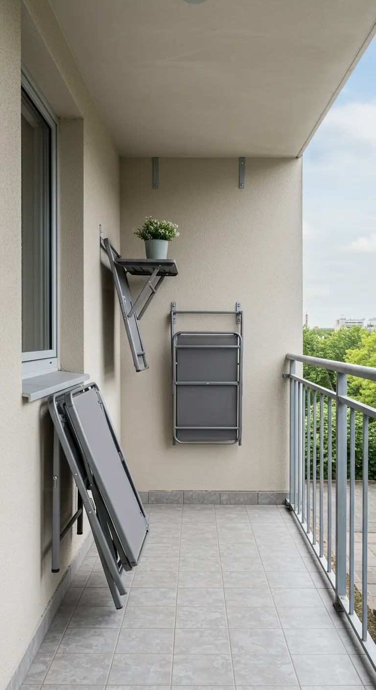 Sillas y mesa plegables de metal gris colgadas en la pared de un balcón vacío.