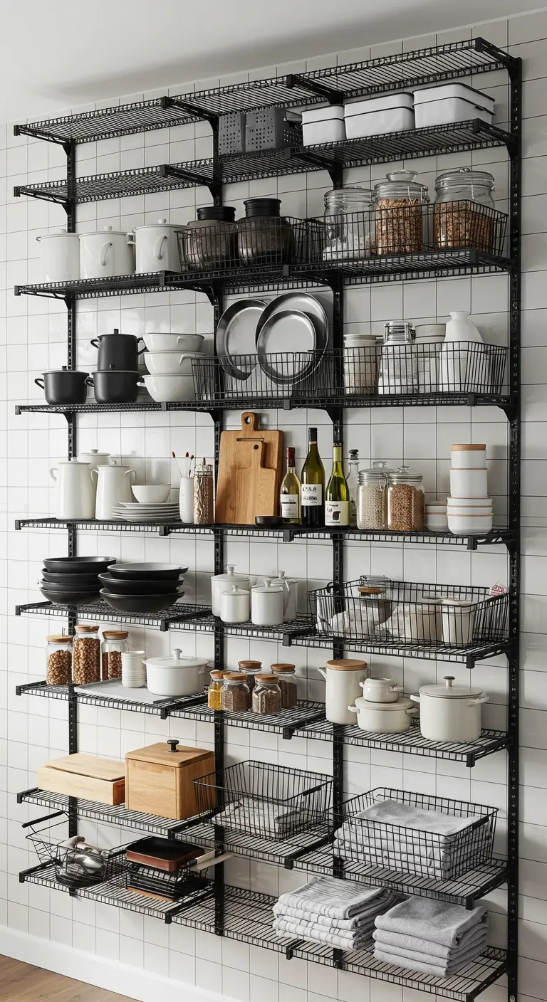 Sistema de estanterías de rejilla de metal negro del suelo al techo, lleno de utensilios de cocina.