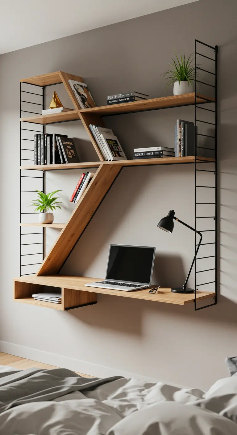 Sistema de estanterías modulares de pared con estructura metálica y baldas de madera.