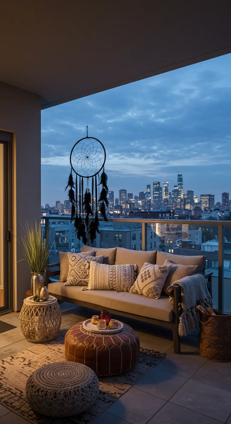 Balcón urbano moderno con sofá gris, cojines de macramé y un atrapasueños negro con vistas a la ciudad.
