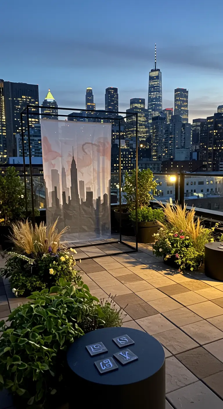 Telón de fondo en una azotea con el skyline de Nueva York pintado en una tela semitransparente.