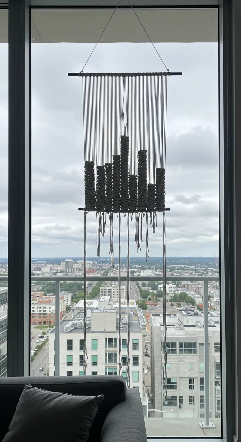 Tapiz de macramé negro con un diseño abstracto que simula un skyline, colgado en una ventana.