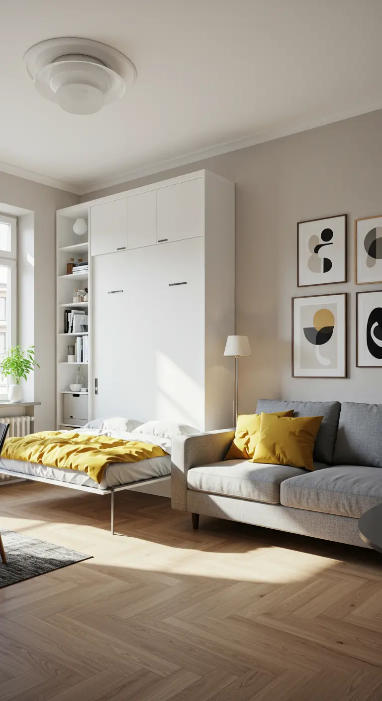 Cama abatible blanca con estantería lateral junto a un sofá gris en un salón moderno.