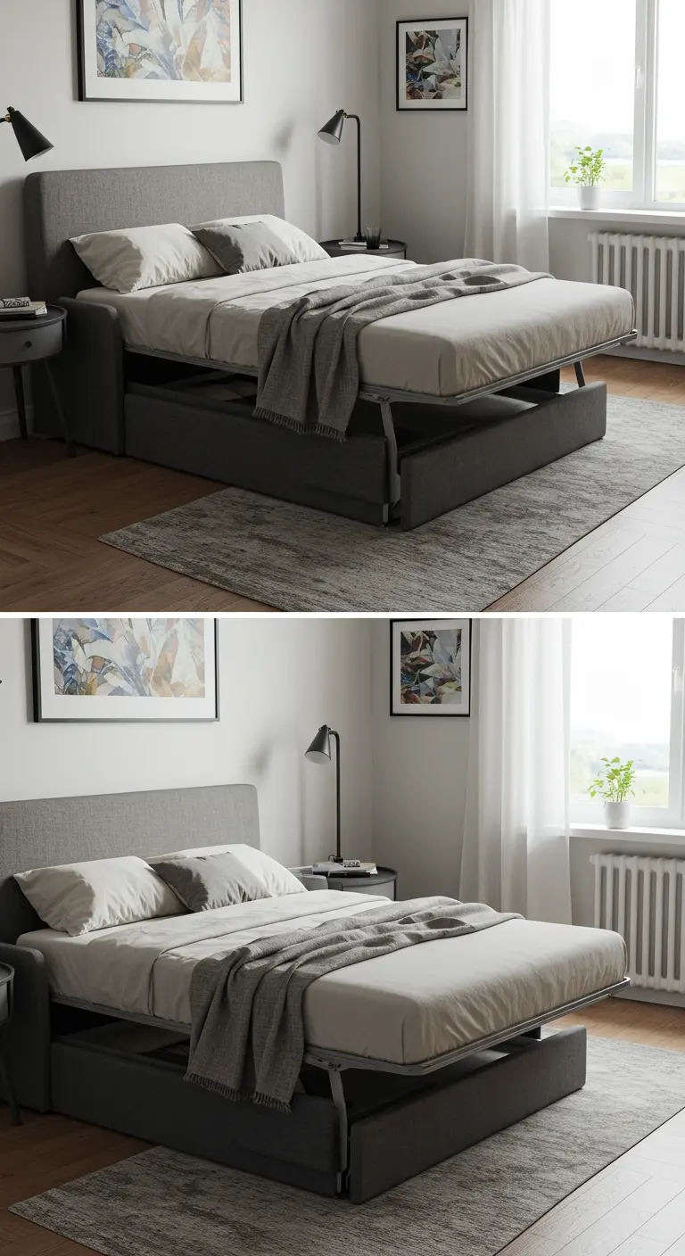 Sofá cama gris con mecanismo de elevación para formar una cama doble.