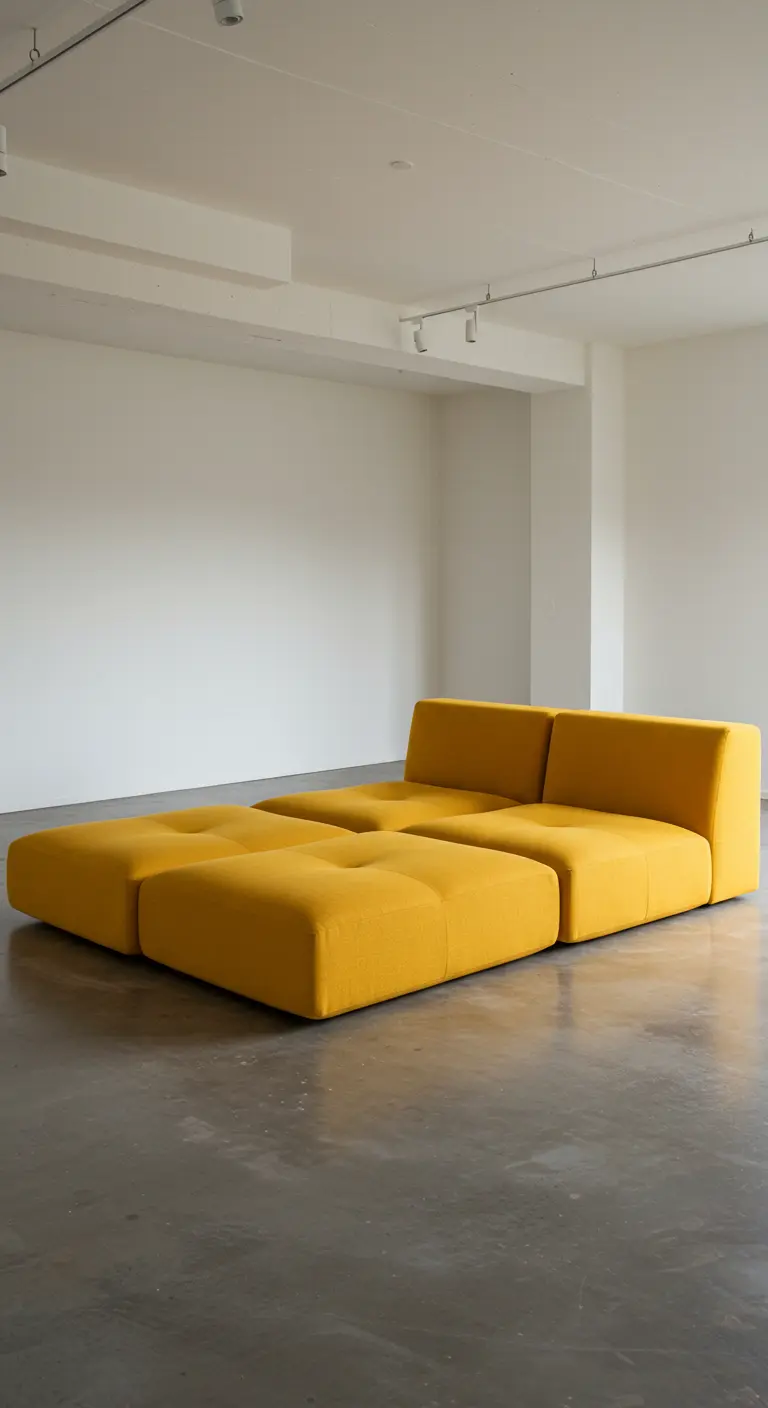 Sofá modular de color amarillo intenso reconfigurado en una gran cama cuadrada en un espacio minimalista.