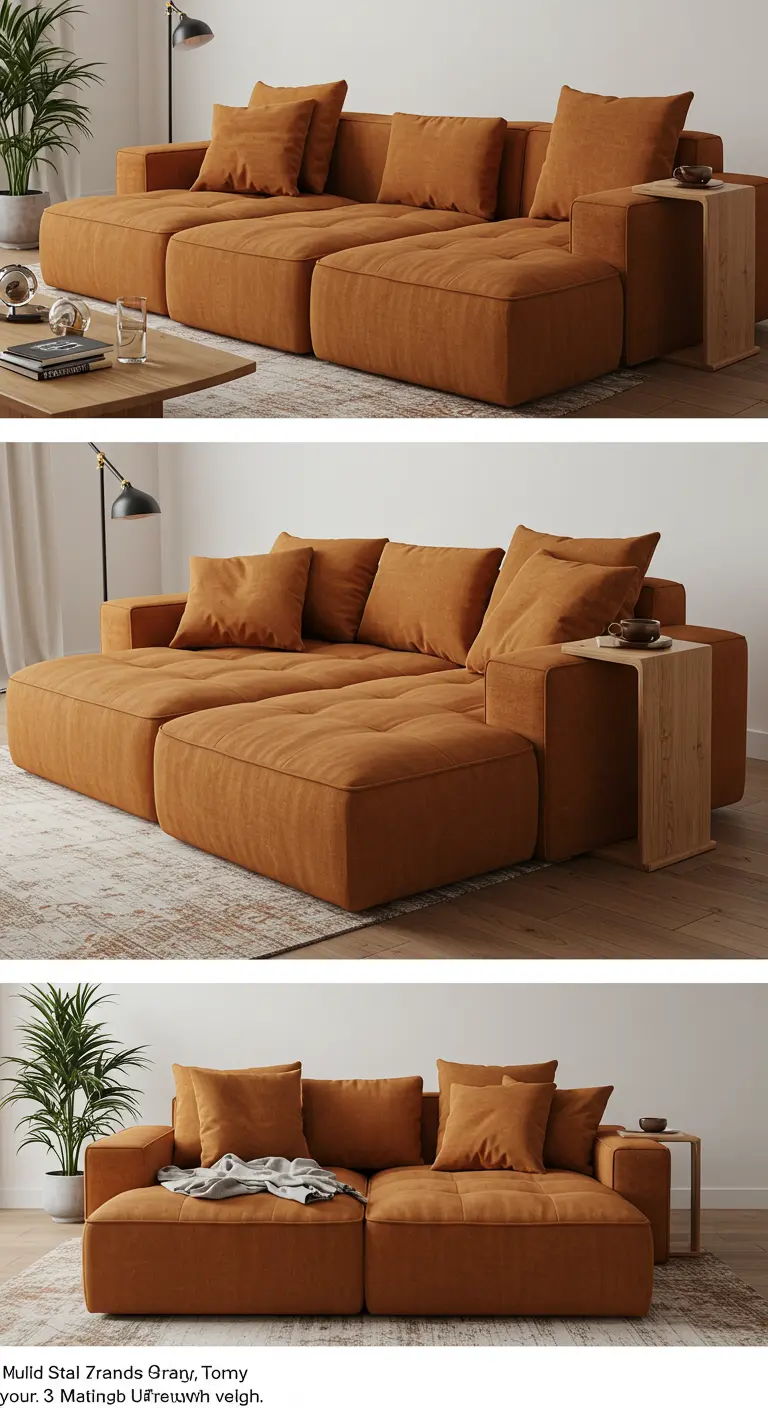 Collage de tres imágenes que muestran un sofá modular naranja en diferentes configuraciones.