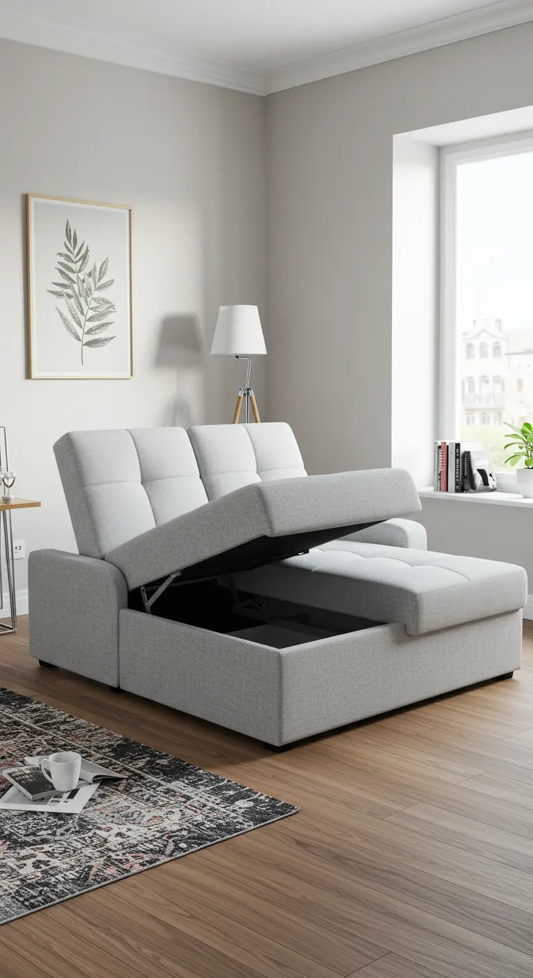 Sofá cama gris claro con chaise longue de almacenaje levantada.