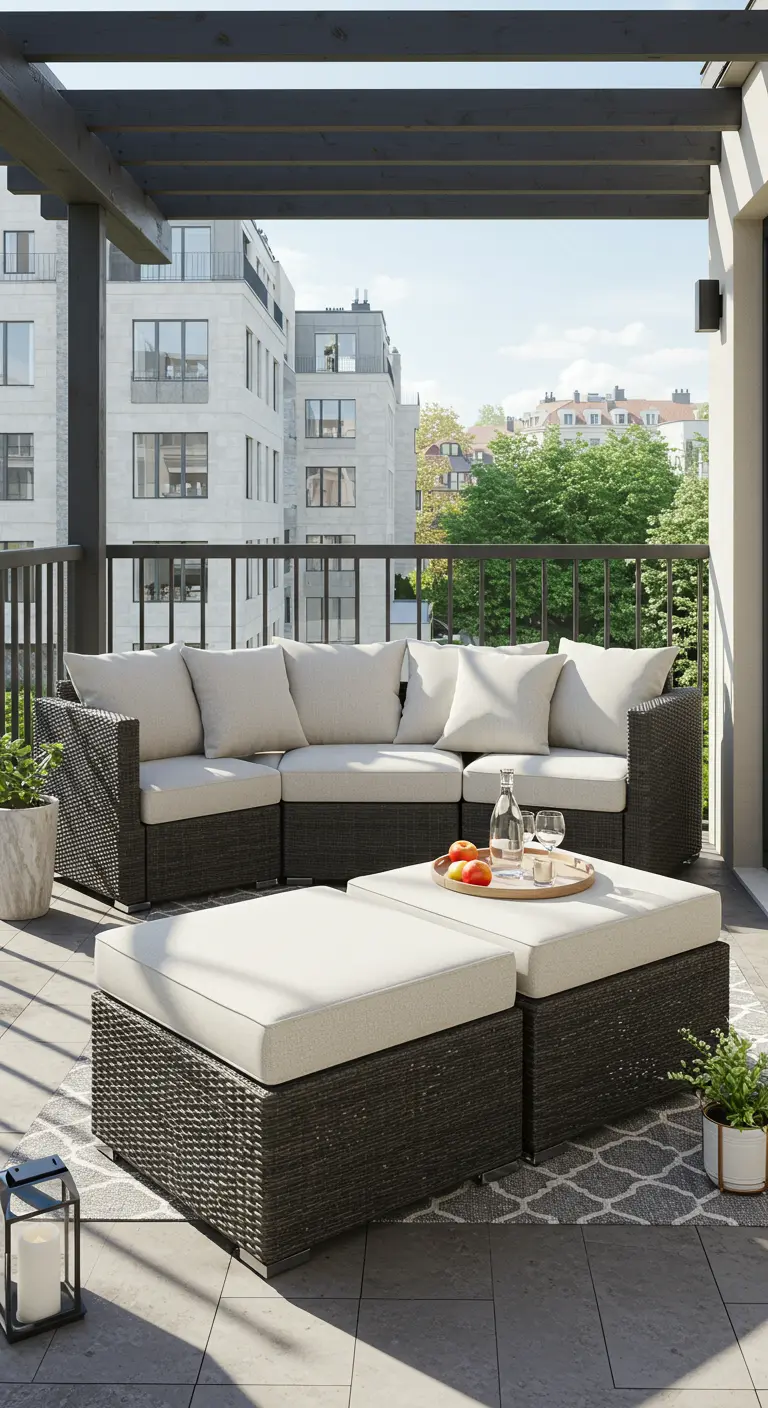 Sofá modular de ratán oscuro con cojines claros en una terraza moderna con vistas a la ciudad.