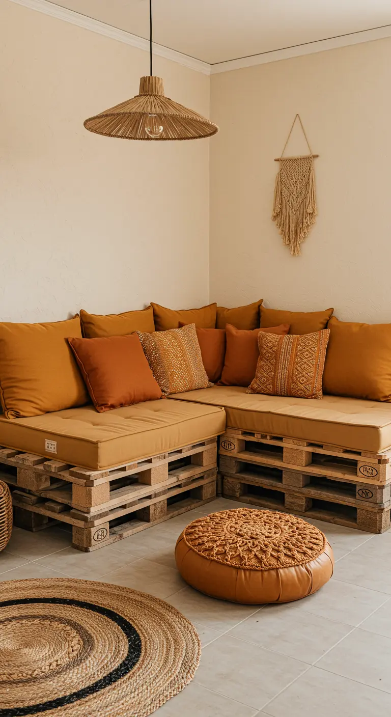 Sofá de palets en forma de L con cojines de color terracota y estampados étnicos.