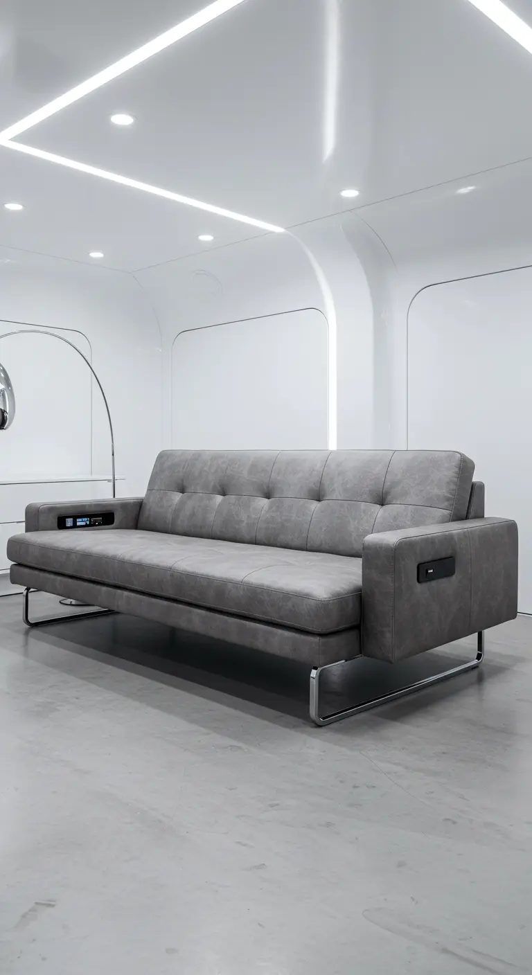 Sofá cama de diseño futurista en polipiel gris con puertos de carga integrados en los reposabrazos.
