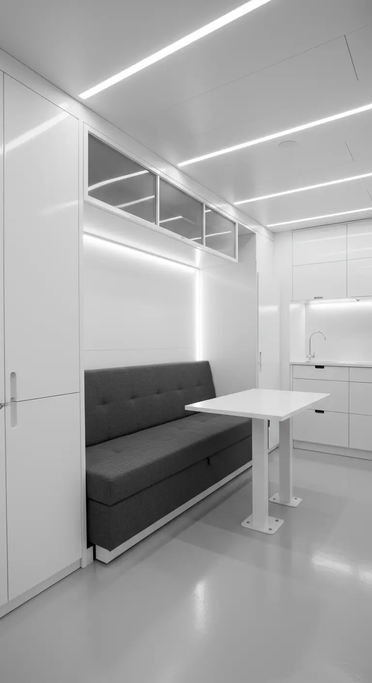 Sofá cama gris oscuro integrado en un mueble de pared blanco en un apartamento minimalista.