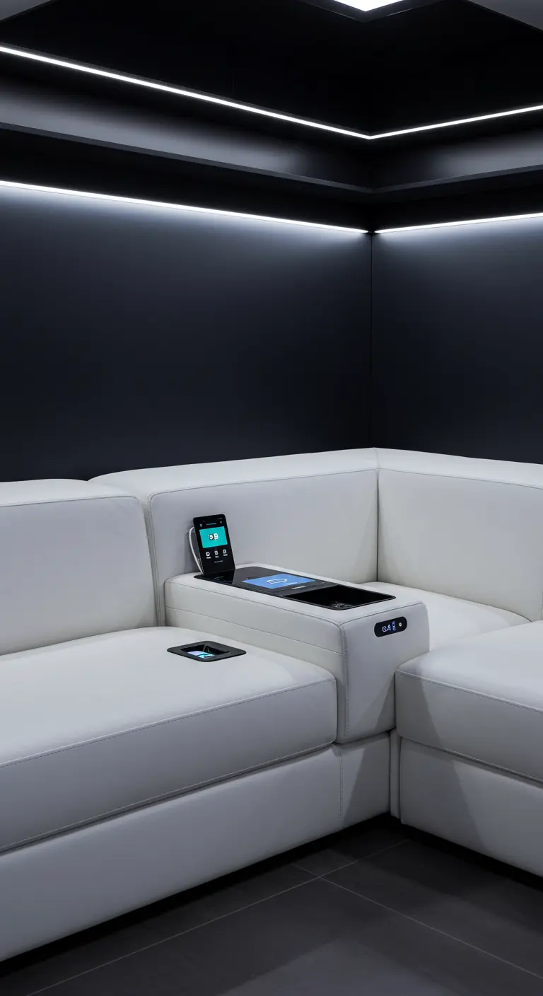 Sofá seccional de cuero blanco con una consola central con cargadores inalámbricos y puertos USB.